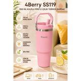4Berry SS119 900 ml Çelik Termos Bardak Pipetli Kulplu Taşınabilir Su Matarası Pembe