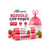 4K TEDARİK Büzgülü Çöp Poşeti Çilek Kokulu 65×70 cm Büyük Boy 10'lu 3 Rulo Dayanıklı Sızdırmaz Kalın Çöp Torbası