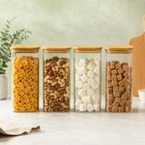 4’lü 1850 ml Dikdörtgen Cam Kavanoz Seti, Bambu Kapaklı Hava Geçirmez Erzak Saklama Kabı, Makarna Kahve Bakliyat ve Kuru Gıda İçin