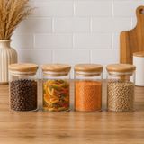 4'lü 250 ml Bambu Kapaklı Cam Kavanoz Seti, Silikon Contalı Şeffaf Baharatlık ve Saklama Kabı, Çay Kahve Şeker Baharat Kuruyemiş Kavanozu - Çok Renkli - Standart