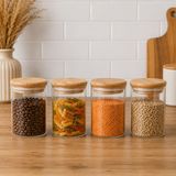 4’lü 250 ML Bambu Kapaklı Cam Kavanoz Seti, Silikon Contalı Şeffaf Baharatlık ve Saklama Kabı, Çay Kahve Şeker Baharat Kuruyemiş Kavanozu