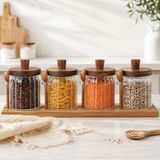 4'lü 450 ml Borosilikat Cam Kavanoz Seti, Ahşap Kapaklı Kaşıklı Küçük Boy Mutfak Saklama Kabı, Kahve, Şeker, Baharat, Kuruyemiş ve Bakliyat Için Şık C - Çok Renkli
