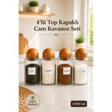 4'lü Ahşap Top Kapaklı Çay Şeker Kahve Tuz Kavanozu Cam 1000 ML