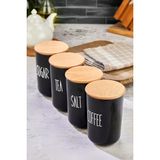 4'lü Ahşap Vakum Kapaklı Transfer Etiketli Akrilik (Plastik)Tea/sugar/coffe/salt Kavanoz 900ML - Siyah - 900 ml