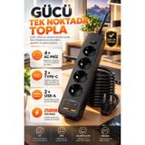 4’lü Akım Korumalı Priz 2500W 10A, 2 Type-C + 2 USB-A Şarj Çıkışlı Çoklu Priz, Aşırı Yük ve Yüksek Sıcaklık Korumalı, Anahtarlı Uzatma Prizi PRO-EU01
