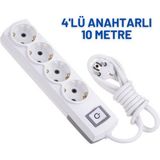 4'lü Anahtarlı 10 Metre Uzatma Kablosu Topraklı 3x1,5 Ttr Cca - Beyaz
