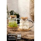 4'lü Bambu Kapaklı Üzüm Tanesi Boncuk Bardak 350ml Isıya Dayanıklı Cam Pipetli Kahve Sunum Bardağı - 350 ml