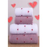 4'lü Banyo Havlu Seti Kalpli - Kalp Desenli Hamam Takımı Pudra - Beyaz-70 X 140