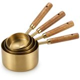 4'lü Büyük Boy Ölçü Kabı Seti, Paslanmaz Çelik Yapı, Ahşap Saplı Gold Hazneli Tasarım, 60 Ml 80 Ml 125 Ml 250 Ml Ölçüler, Ev Ofis Restoran İçin Kullanıma Uygun Pratik Ölçü Kaşığı Seti