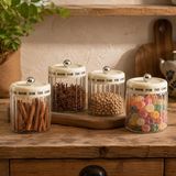 4’lü Çizgili Cam Baharatlık Seti, Krem Plastik Kapaklı Saklama Kavanozu, 12 x 12 x 16 cm, Kahve Kuruyemiş Bakliyat Makarna ve Kuru Gıdalar İçin