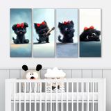 4'lü Çocuk ve Bebek Odası Kanvas Tablo Seti - Sevimli Siyah Köpekçik Figürlü Duvar Dekoru - 30x70 cm