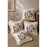 4'Lü Fırfırlı Çiçek Desenli Dekoratif Kırlent Kılıfı %100 Pamuk Organik Boya Baskılı 45X45 Cm
