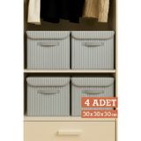 4’Lü Gri Çizgili Kapaklı Dolap İçi Düzenleyici Kutu - 30X30X30 Cm Katlanabilir Saklama Kutusu