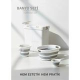 4’lü Katlanabilir Çamaşır Sepeti Seti – 80 Litre Gold/Beyaz Kirli Sepeti, Sele, Su Kovası ve Maşrapa