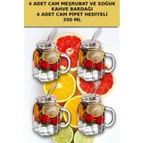 4'lü Kavanoz Bardak Pipet Hediyeli Set Model Kokteyl Soğuk Kahve Meşrubat Bardak Seti 350 ml