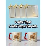 4'lü Papatyalı Tepsi Kahve Sunum Tepsisi 21X21 cm 2'li Aslanlı Kahve Bardağı Kupa Bardak