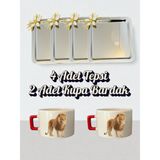 4'lü Papatyalı Tepsi Kahve Sunum Tepsisi 21X21 cm - 2'li Aslanlı Küçük Kahve Bardağı Kupa