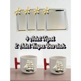 4'lü Papatyalı Tepsi Kahve Sunum Tepsisi 21X21 cm - 2'li Gemili Kırmızı Kulplu Kahve Bardağı