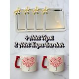 4'lü Papatyalı Tepsi Kahve Sunum Tepsisi 21X21 cm - 2'li Kalpli Kahve Bardağı Kupa Bardak