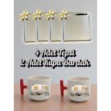 4'lü Papatyalı Tepsi Kahve Sunum Tepsisi 21X21 cm - 2'li Karavanlı Kırmızı Kulplu Kahve Bardağı