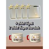 4'lü Papatyalı Tepsi Kahve Sunum Tepsisi 21X21 cm - 2'li Karavanlı Küçük Kahve Bardağı Kupa