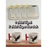 4'lü Papatyalı Tepsi Kahve Sunum Tepsisi 21X21 cm - 2'li Kartallı Kırmızı Kulplu Kahve Bardağı