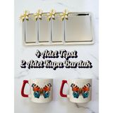 4'lü Papatyalı Tepsi Kahve Sunum Tepsisi 21X21 cm - 2'li Kelebekli Kahve Bardağı Kupa Bardak