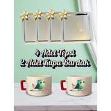 4'lü Papatyalı Tepsi Kahve Sunum Tepsisi 21X21 cm - 2'li Kuşlu Küçük Kahve Bardağı Kupa