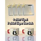 4'lü Papatyalı Tepsi Kahve Sunum Tepsisi 21X21 cm - 2'li Pandalı Küçük Kahve Bardağı Kupa
