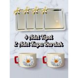 4'lü Papatyalı Tepsi Kahve Sunum Tepsisi 21X21 cm - 2'li Papatyalı Küçük Kahve Bardağı Kupa