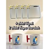 4'lü Papatyalı Tepsi Kahve Sunum Tepsisi 21X21 cm - 2'li Penguenli Kırmızı Kulplu Kahve Bardağı