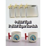 4'lü Papatyalı Tepsi Kahve Sunum Tepsisi 21X21 cm - 2'li Tavus Kuşulu Kırmızı Kulplu Kahve Bardağı