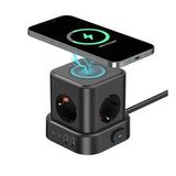 4'lü Priz Küp Çoklayıcı 2 USB 2 Type-C 5W Kablosuz Şarjlı 2 Metre Kablolu Akım Korumalı Priz (Siyah)