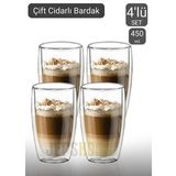 4’lü Set Büyük Latte Bardağı Cappuccino Bardağı Çift Cidarlı Bardak Americano Bardağı 450 ml
