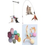 4'lü Set: Ip Sarma Top, Vantuzlu Kedi Oltası, Tüylü Top ve 90 cm Olta - Çok Renkli