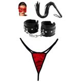 4'lü Set Kırmızı Saten Tanga Kırmızı Göz Maskesi Deri Siyah Peluş Kelepçe Uzun Deri Kırbaç