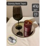 4’Lü Set Lüx Sunum Tepsisi Paslanmaz Kahve Tepsisi Çelik Tepsi Yuvarlak Çeyizlik Tepsi 23 Cm
