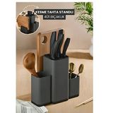 4Ü1 Bıçaklık Kaşıklık Kesme Tahta Standlı Mutfak Tezgah Üstü Dik Düzenleyici Beyaz veya Füme