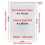 4X15+5 Cm.(4X20) 250 Adet Şeffaf Bantlı Yapışkanlı Opp Poşet