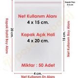 4x15+5 cm.(4x20) 50 Adet Şeffaf Bantlı Yapışkanlı OPP Poşet