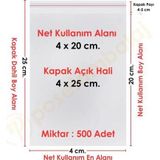 4x20+5 cm.(4x25) 500 Adet Şeffaf Bantlı Yapışkanlı OPP Poşet