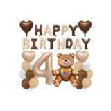 4Yaş Retro Ayıcık Kahverengi Folyolu Balon Happy Birthday Afiş Dekorasyon Doğum Günü Parti Seti Süsü