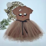 5-6-7 Yaş Payetli Süslü Yüz Baskılı Kız Çocuk Elbisesi Kahverengi - 6 Yaş