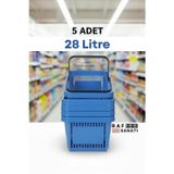5 Adet - 28 Litre Plastik Market Alışveriş Sepeti Saplı Dayanıklı Market Mağaza El Sepeti Mavi
