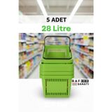 5 Adet - 28 Litre Plastik Market Alışveriş Sepeti Saplı Dayanıklı Market Mağaza El Sepeti Yeşil