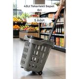 5 Adet - 43 LT Tekerlekli Market Sepeti | Plastik Alışveriş Sepeti Ergonomik Çift Saplı Gri