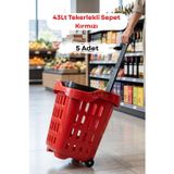 5 Adet - 43 LT Tekerlekli Market Sepeti | Plastik Alışveriş Sepeti Ergonomik Çift Saplı Kırmızı