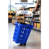 5 Adet - 43 LT Tekerlekli Market Sepeti | Plastik Alışveriş Sepeti Ergonomik Çift Saplı Mavi