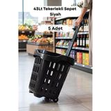 5 Adet - 43 LT Tekerlekli Market Sepeti | Plastik Alışveriş Sepeti Ergonomik Çift Saplı Siyah