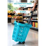 5 Adet - 43 LT Tekerlekli Market Sepeti | Plastik Alışveriş Sepeti Ergonomik Çift Saplı Turkuaz